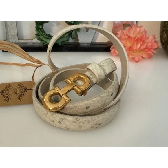 Anna Pellissari Size L Gold Tone Buckle Beige Gray Animal Print Leather Belt NWT